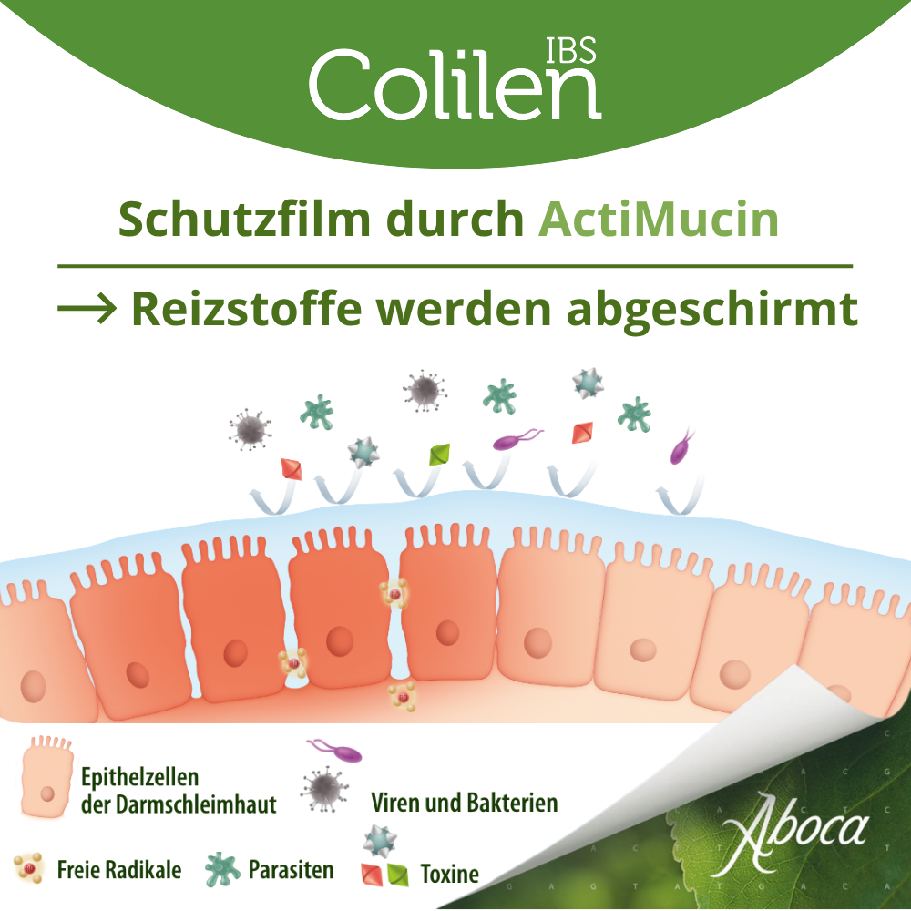 Colilen IBS bildet durch ActiMucin® einen Schutzfilm, wodurch Reizstoffe abgeschirmt werden.
